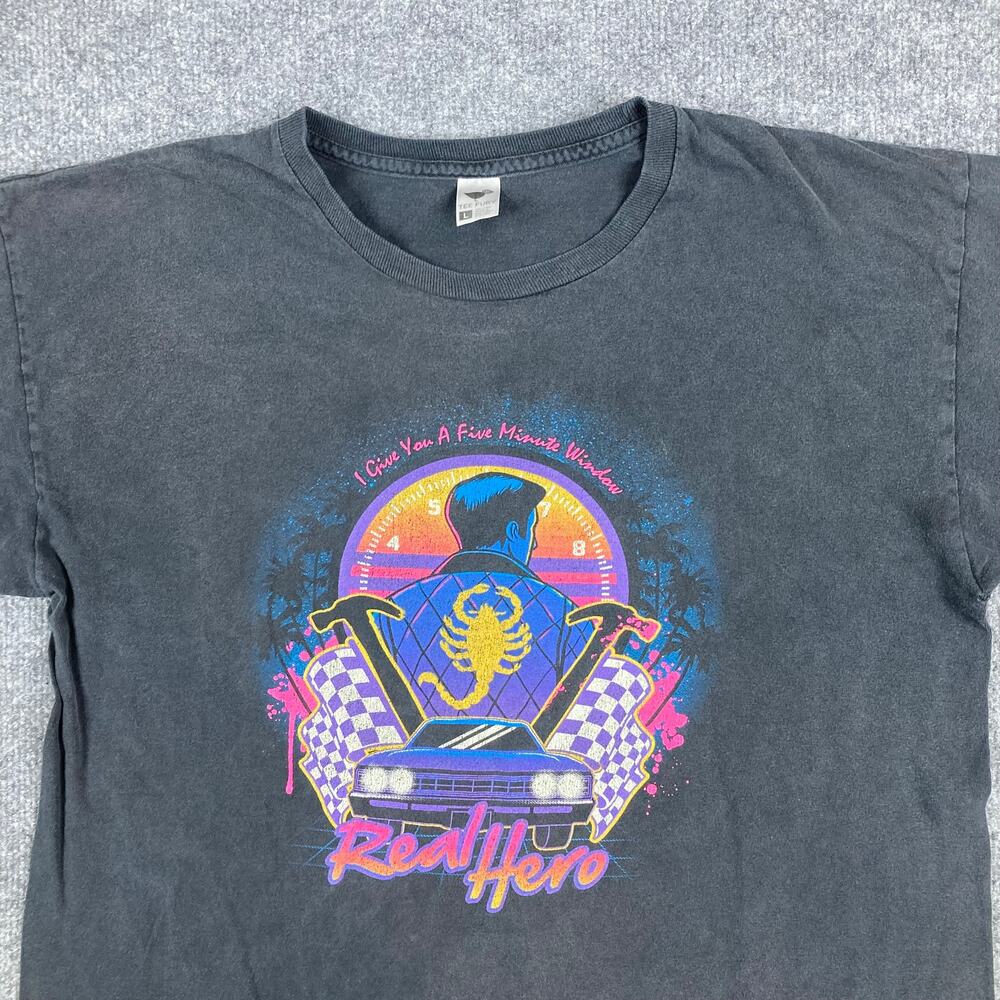 TeeFury T-Shirt‎ Mens Size L Black Real Hero Retro Neon 80s Style Graphic Tee